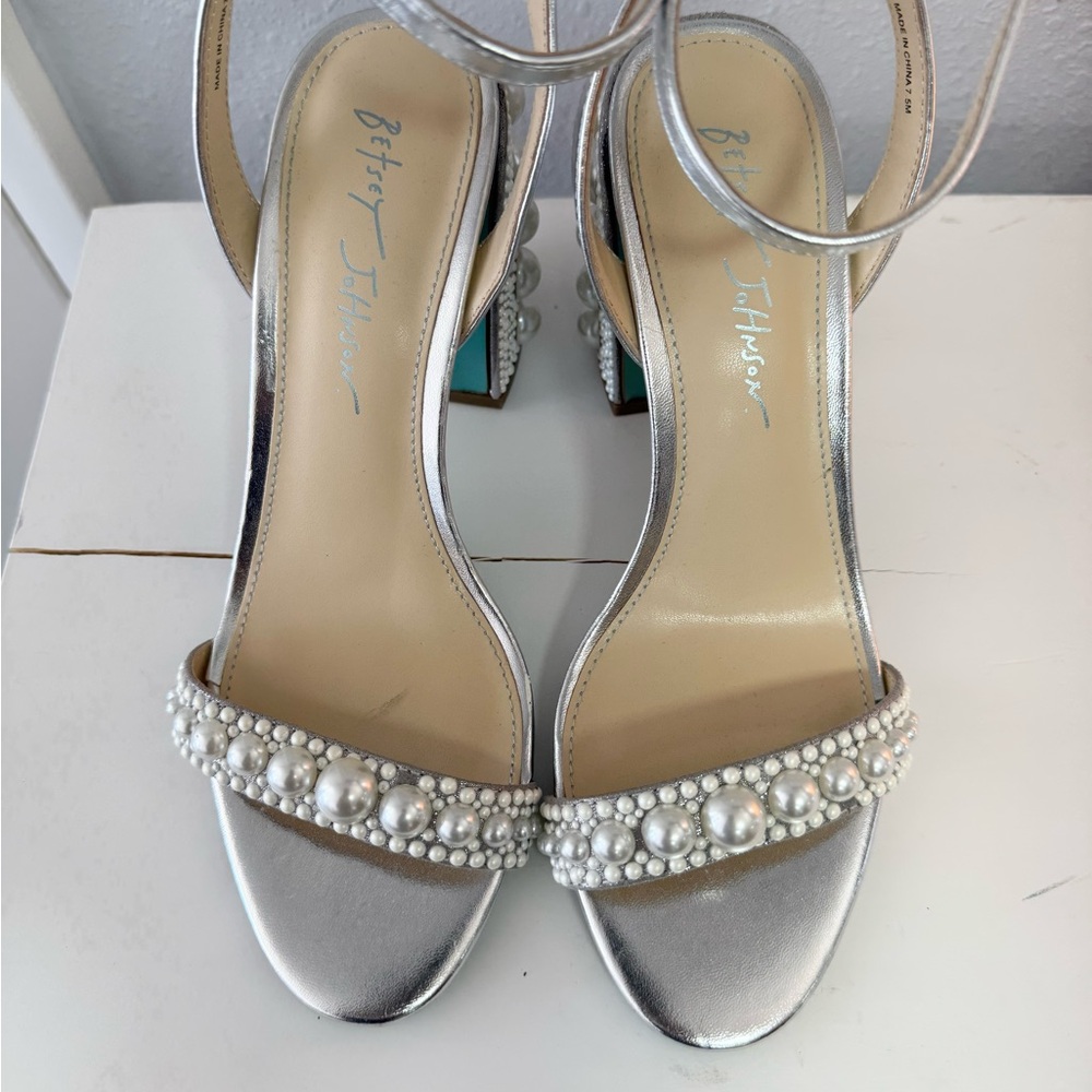Betsey Johnson Silver Strappy Heels with Pearl Details - Picture 6 of 7